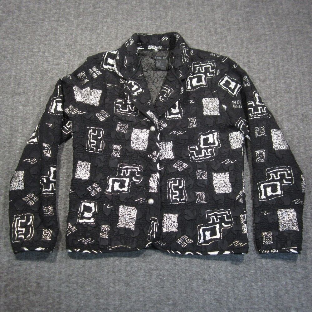 Vtg Tally Ho Jacket M Black Metallic Pearl Button Pop Art Crinkled 90s Y2K Artsy
